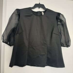 Plus Size Chic Black Puff Sheer Sleeve Blouse